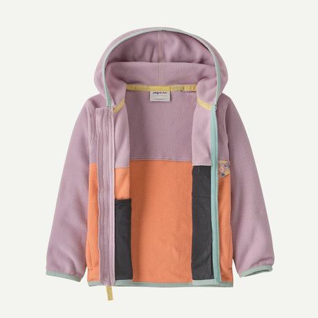 Front view unzipped of Patagonia kid's micro D snap-T jacket in peach sherbet with quiet violet