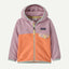 Front view of Patagonia kid's micro D snap-T jacket in peach sherbet with quiet violet
