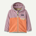 Front view of Patagonia kid's micro D snap-T jacket in peach sherbet with quiet violet