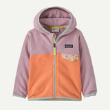 Front view of Patagonia kid's micro D snap-T jacket in peach sherbet with quiet violet