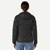 Back on-model view of Patagonia micro puff hoody, women's in black colour