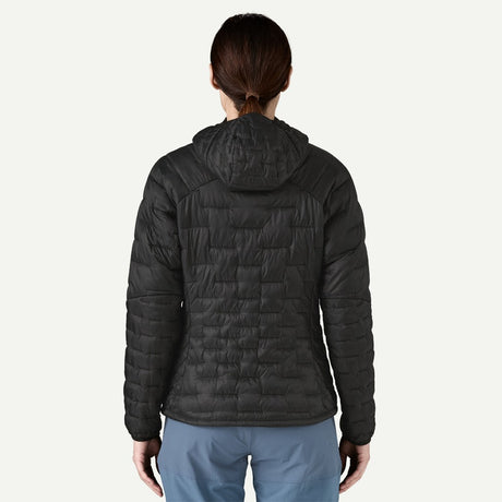 Back on-model view of Patagonia micro puff hoody, women's in black colour