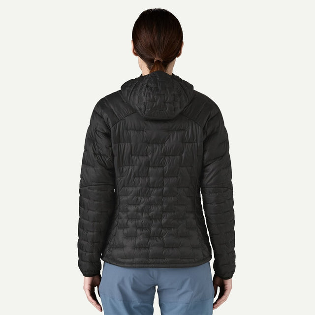 Back on-model view of Patagonia micro puff hoody, women's in black colour