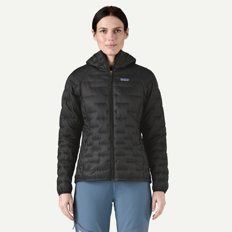 Front on-model view of Patagonia micro puff hoody, women's in black colour