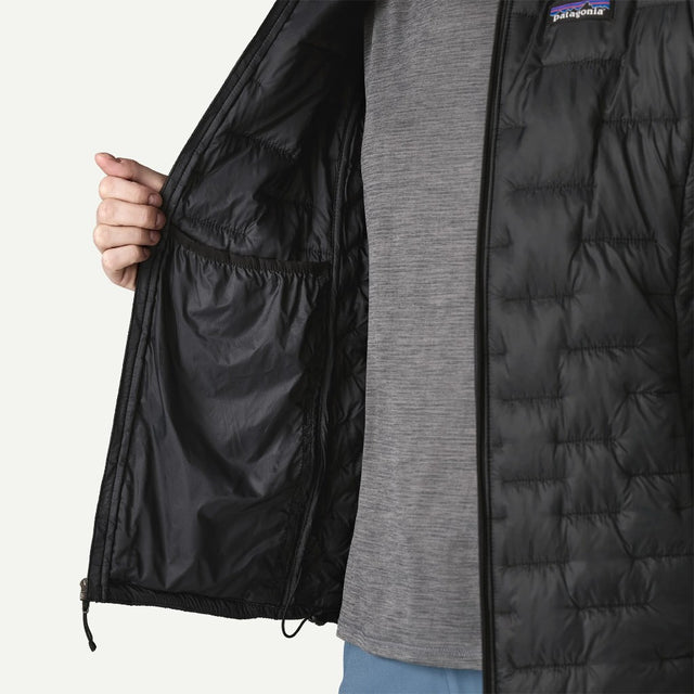 Pocket detail view of Patagonia micro puff hoody, women's in black colour