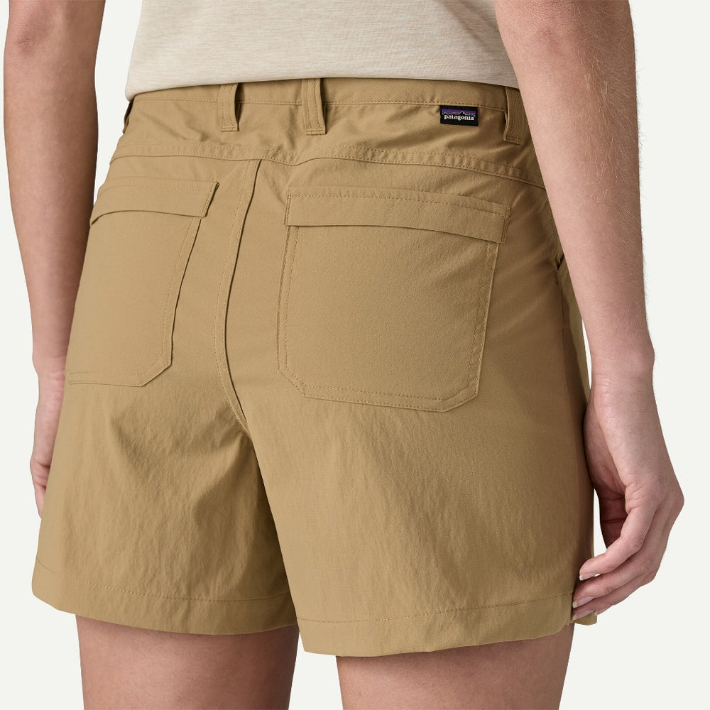 Back on-model view of Patagonia quandary 5" shorts women's in classic tan colour