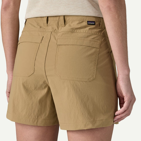 Back on-model view of Patagonia quandary 5" shorts women's in classic tan colour