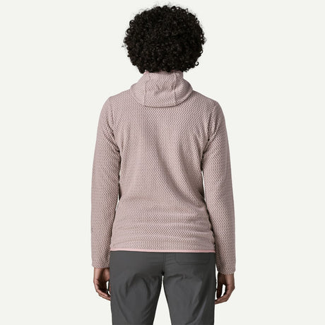 Back on-model view of Patagonia Women's R1® Air Fleece Full-Zip Hoody in Stingray Mauve colour