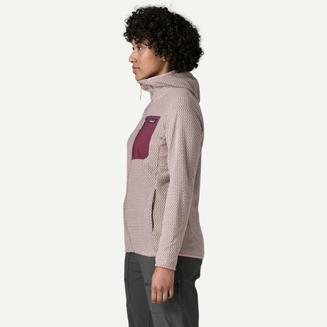 Side on-model view of Patagonia Women's R1® Air Fleece Full-Zip Hoody in Stingray Mauve colour