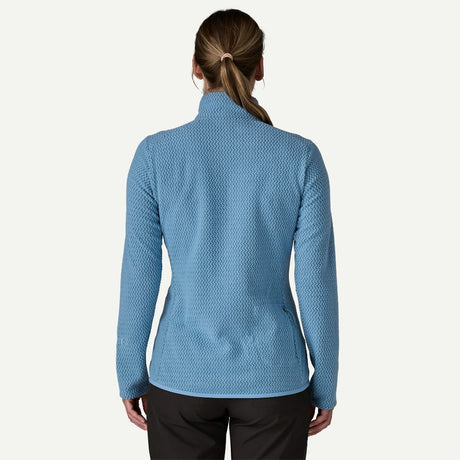 Back on-model view of Patagonia R1 Air Zip-Neck Women's in Shore Blue colour