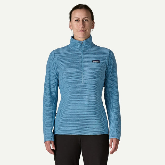 Front on-model view of Patagonia R1 Air Zip-Neck Women's in Shore Blue colour
