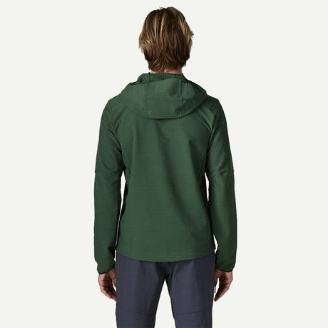 Back on-model view of Patagonia Men's R1 TechFace Hoody in Canopy Green colour