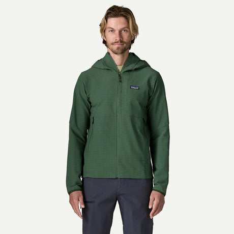 Front on-model view of Patagonia Men's R1 TechFace Hoody in Canopy Green colour