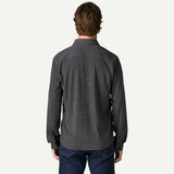 Back on-model view of Patagonia's Men's Stretch Fjord Flannel Shirt in Whole Knit: Forge Grey colour