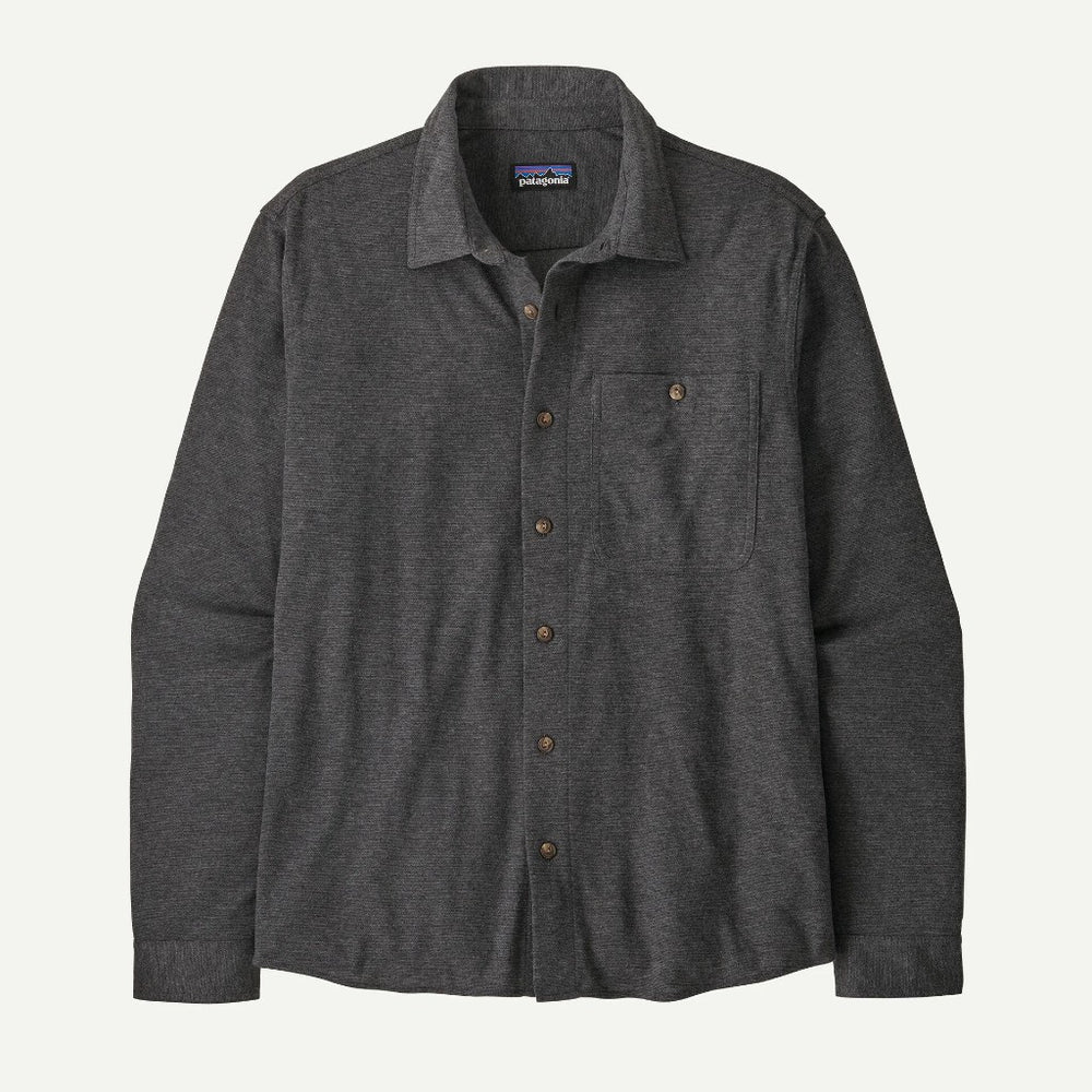 Front view of Patagonia's Men's Stretch Fjord Flannel Shirt in Whole Knit: Forge Grey colour