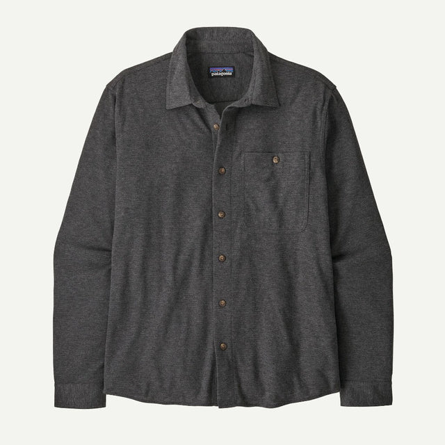 Front view of Patagonia's Men's Stretch Fjord Flannel Shirt in Whole Knit: Forge Grey colour