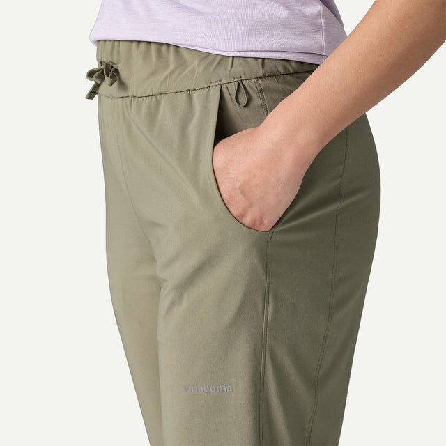 Pocket detail view on-model of Patagonia's women's terrebonne joggers in river rock green colour