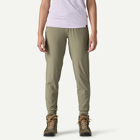 Front view on-model of Patagonia's women's terrebonne joggers in river rock green colour