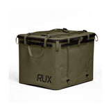 Green RUX storage bag with black accents on a white background