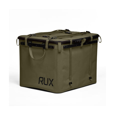 Green RUX storage bag with black accents on a white background