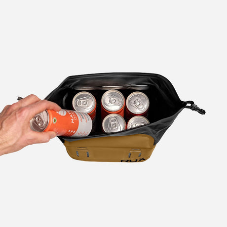 6 cans fitting into a bronze RUX cooler cube