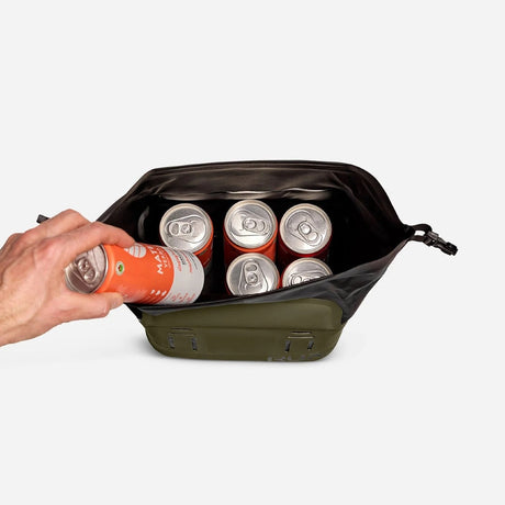 6 cans fitting into a green RUX cooler cube