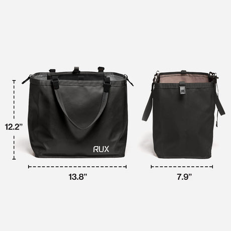 Black RUX tote bag with dimensions labelled