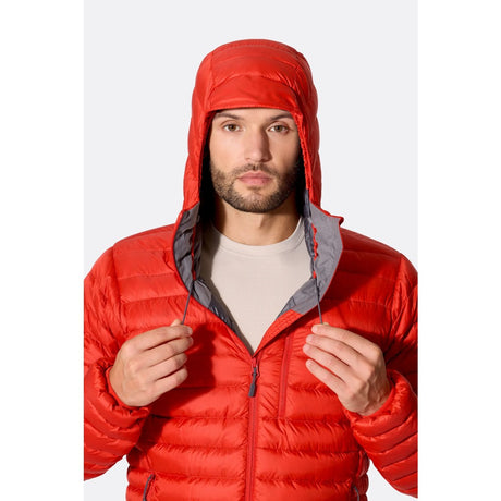 Hood detail on-model view of Rab Microlight Alpine Hoody men's in red colour