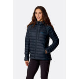 Front on-model view of Rab Microlight Alpine Hoody women's in galaxy blue colour