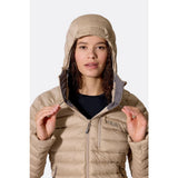 Hood on-model view of Rab Microlight Alpine Hoody women's in galaxy blue colour