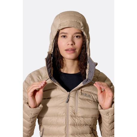 Hood on-model view of Rab Microlight Alpine Hoody women's in galaxy blue colour