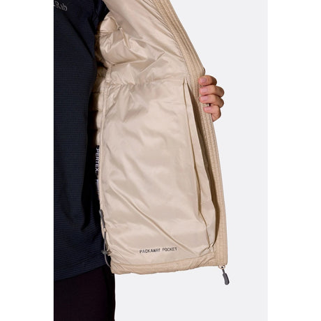 Pocket on-model view of Rab Microlight Alpine Hoody women's in galaxy blue colour