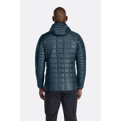 Back on-model view of Rab Mythic Alpine Jacket Men's in dark blue colour