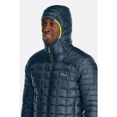 Hood detail view of Rab Mythic Alpine Jacket Men's in dark blue colour
