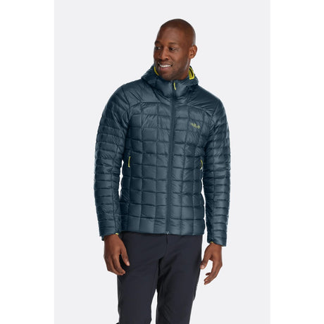 Front on-model view of Rab Mythic Alpine Jacket Men's in dark blue colour