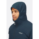 Hood detail view of Rab Xenair Alpine Light Jacket Men's in dark blue colour