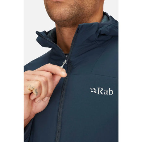 Zipper detail view of Rab Xenair Alpine Light Jacket Men's in dark blue colour