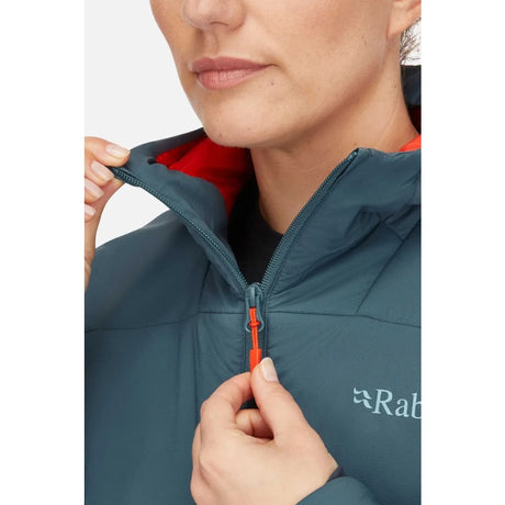 Zipper detail view of Rab Xenair Alpine Light Jacket Women's in blue colour