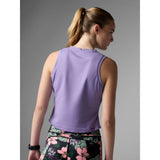 Back on-model view of Rabbit EZ Crop Tank women's in chalk violet colour