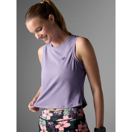Front on-model view of Rabbit EZ Crop Tank women's in chalk violet colour