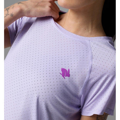 Front view of perforation details of rabbit EZ Tee perforated ice short sleeve women's shirt in pastel lilac colour