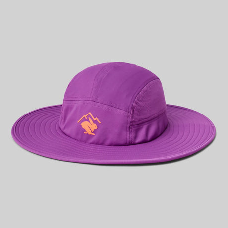 Front view of rabbit fastrock hat in purple cactus flower colour