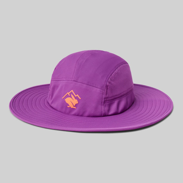 Front view of rabbit fastrock hat in purple cactus flower colour