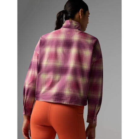 Back view on-model of Rabbit high country pullover LS in mauve plaid colour