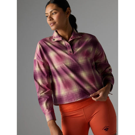 Front view on-model of Rabbit high country pullover LS in mauve plaid colour