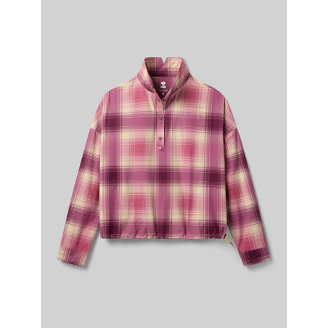 Front view of Rabbit high country pullover LS in mauve plaid colour