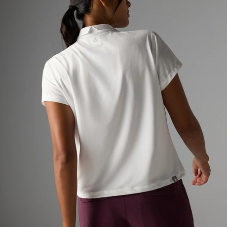 Back on-model view of rabbit high country pullover SS women's in white colour