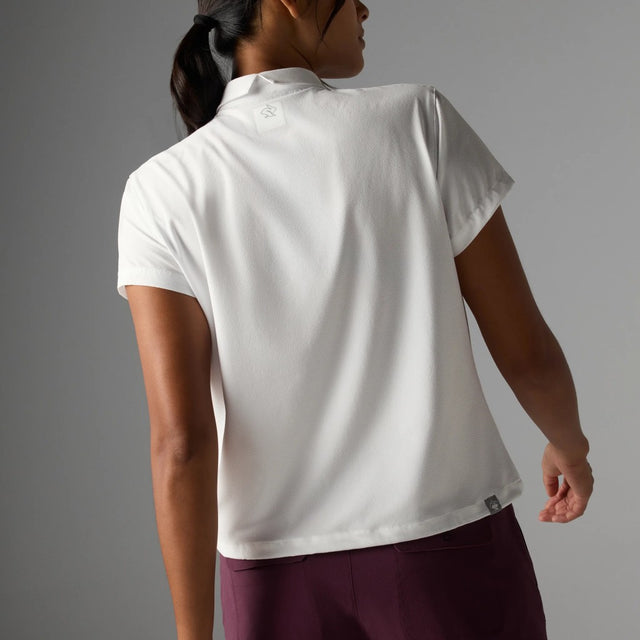 Back on-model view of rabbit high country pullover SS women's in white colour