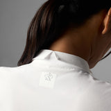 Back collar detail on-model view of rabbit high country pullover SS women's in white colour