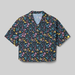 Front view of Rabbit's high country relaxed SS women's shirt in shaded meadow colour